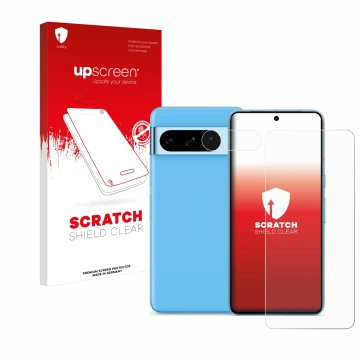 Front side of a product packaging with the brand logo upscreen. Next to it is the device Google Pixel 8 Pro (Front+Camera) sho