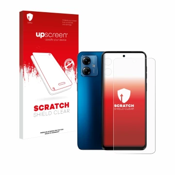 Front side of a product packaging with the brand logo upscreen. Next to it is the device Motorola Moto G14 (Front+Camera) show