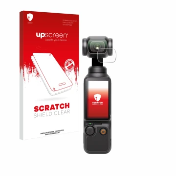 Front side of a product packaging with the brand logo upscreen. Next to it is the device DJI Osmo Pocket 3 (Lens) shown with t