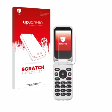 Front side of a product packaging with the brand logo upscreen. Next to it is the device Doro 6820 shown with the correspondin