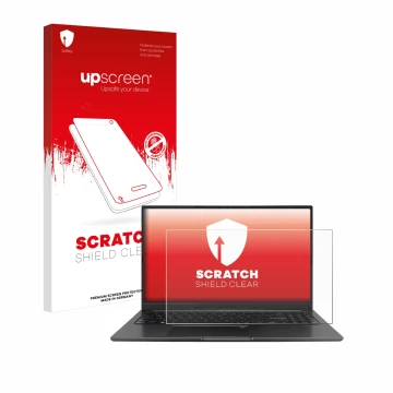 Front side of a product packaging with the brand logo upscreen. Next to it is the device ASUS Vivobook 15 OLED shown with the 