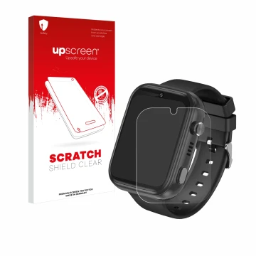 Front side of a product packaging with the brand logo upscreen. Next to it is the device Okyuk 4G Kids Smartwatch T45 shown wi