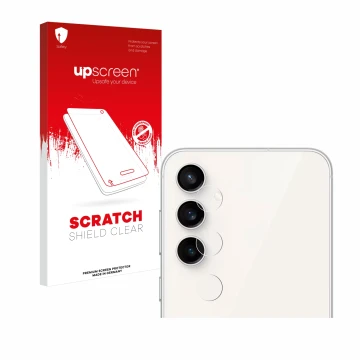 Front side of a product packaging with the brand logo upscreen. Next to it is the device Samsung Galaxy S23 FE (ONLY Camera Le