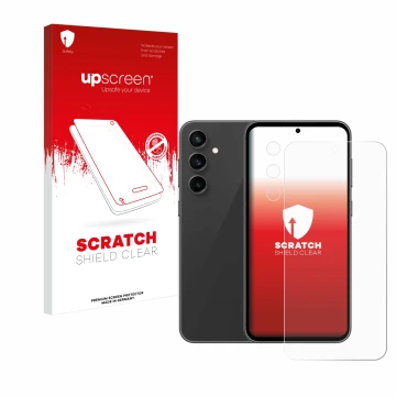 Front side of a product packaging with the brand logo upscreen. Next to it is the device Samsung Galaxy S23 FE (Front+Camera) 
