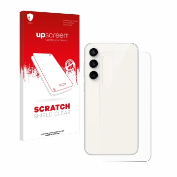 Front side of a product packaging with the brand logo upscreen. Next to it is the device Samsung Galaxy S23 FE (Back) shown wi