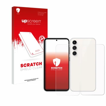 Front side of a product packaging with the brand logo upscreen. Next to it is the device Samsung Galaxy S23 FE (Front+Back) sh