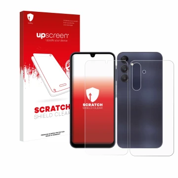 Front side of a product packaging with the brand logo upscreen. Next to it is the device Samsung Galaxy A25 5G (Front+Back) sh