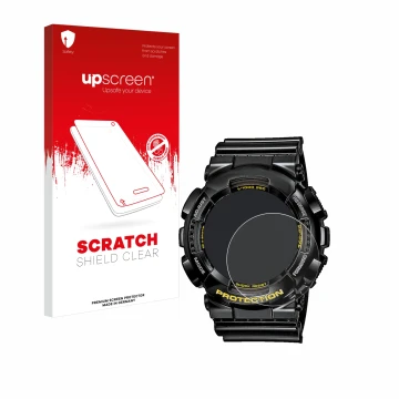Front side of a product packaging with the brand logo upscreen. Next to it is the device Casio G-Shock GA-110GB-1A shown with 