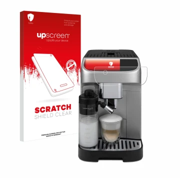Front side of a product packaging with the brand logo upscreen. Next to it is the device DeLonghi Magnifica Plus shown with th