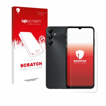 Front side of a product packaging with the brand logo upscreen. Next to it is the device Samsung Galaxy A05s (Front+Camera) sh