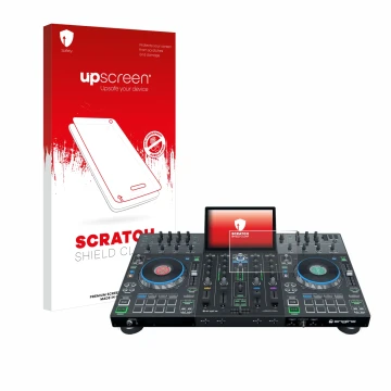 Front side of a product packaging with the brand logo upscreen. Next to it is the device Denon DJ Prime 4+ shown with the corr