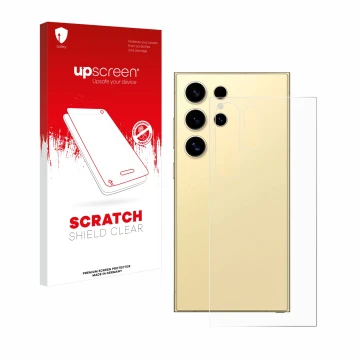 Front side of a product packaging with the brand logo upscreen. Next to it is the device Samsung Galaxy S24 Ultra (Back) shown