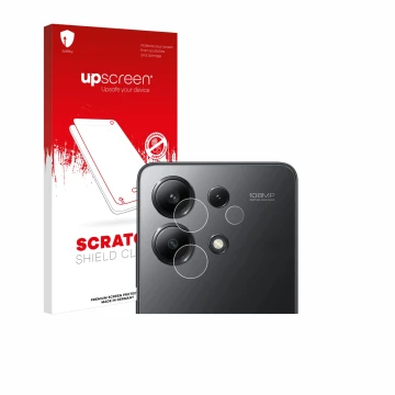 Front side of a product packaging with the brand logo upscreen. Next to it is the device Xiaomi Redmi Note 13 (ONLY Camera Len