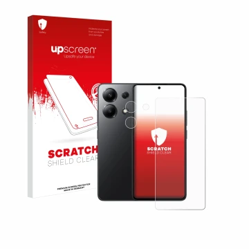 Front side of a product packaging with the brand logo upscreen. Next to it is the device Xiaomi Redmi Note 13 5G (Front+Camera