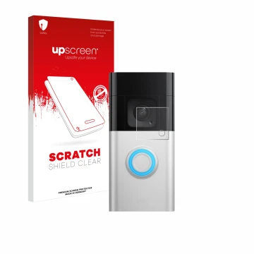 Front side of a product packaging with the brand logo upscreen. Next to it is the device Ring Video Doorbell Plus shown with t