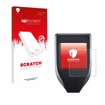 Front side of a product packaging with the brand logo upscreen. Next to it is the device Trezor Model T shown with the corresp