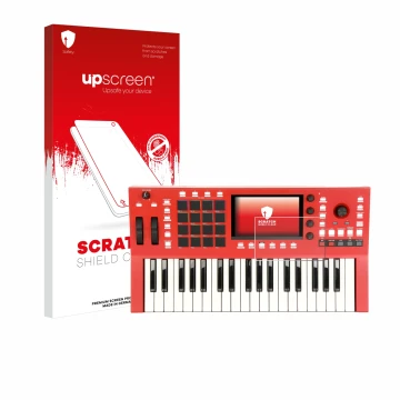 Front side of a product packaging with the brand logo upscreen. Next to it is the device Akai Professional MPC Key 37 shown wi