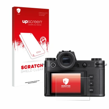Front side of a product packaging with the brand logo upscreen. Next to it is the device Leica SL3 shown with the correspondin