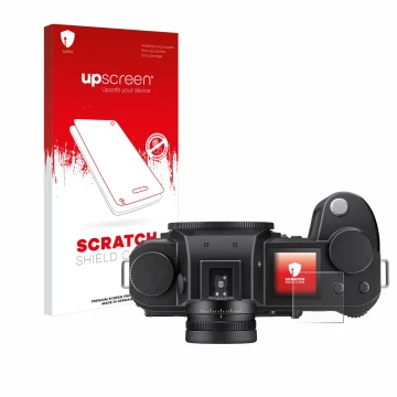 Front side of a product packaging with the brand logo upscreen. Next to it is the device Leica SL3 (top plate display) shown w