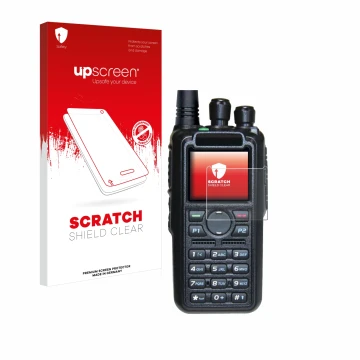 Front side of a product packaging with the brand logo upscreen. Next to it is the device AnyTone AT-D878UV II Plus shown with 