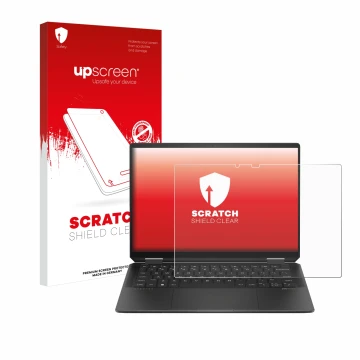 Front side of a product packaging with the brand logo upscreen. Next to it is the device HP Spectre x360 (14-e) 2024 shown wit