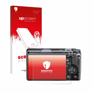 Front side of a product packaging with the brand logo upscreen. Next to it is the device Ricoh GR IIIx HDF shown with the corr