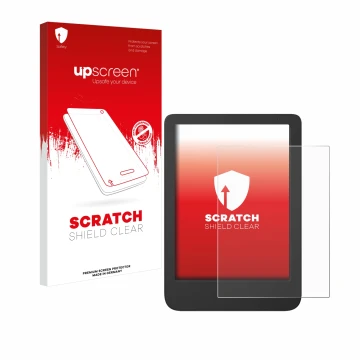 Front side of a product packaging with the brand logo upscreen. Next to it is the device Tolino Shine 5 Color 2024 shown with 