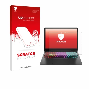 Front side of a product packaging with the brand logo upscreen. Next to it is the device HP Omen Transcend 14 shown with the c