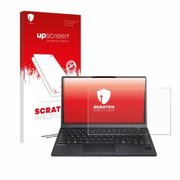 Front side of a product packaging with the brand logo upscreen. Next to it is the device Fujitsu Lifebook U9312 shown with the