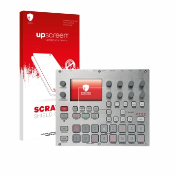 Front side of a product packaging with the brand logo upscreen. Next to it is the device Elektron Syntakt E25 Remix Edition sh