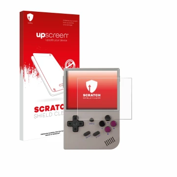 Front side of a product packaging with the brand logo upscreen. Next to it is the device Anbernic RG35XX Plus shown with the c