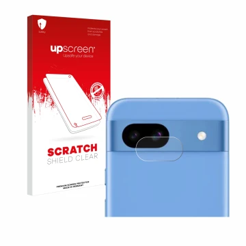 Front side of a product packaging with the brand logo upscreen. Next to it is the device Google Pixel 8a (ONLY Camera Lens) sh