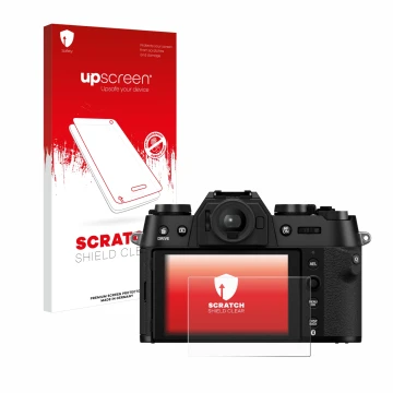Front side of a product packaging with the brand logo upscreen. Next to it is the device Fujifilm X-T50 shown with the corresp