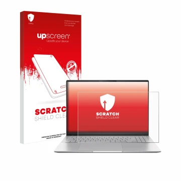 Front side of a product packaging with the brand logo upscreen. Next to it is the device ASUS Vivobook S16 OLED M5606 shown wi