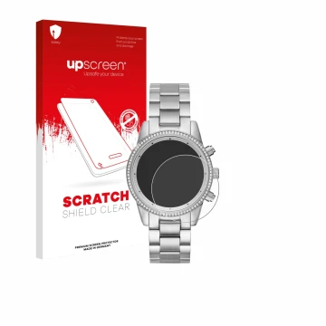 Front side of a product packaging with the brand logo upscreen. Next to it is the device Michael Kors Ritz MK6428 shown with t