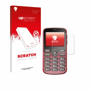 Front side of a product packaging with the brand logo upscreen. Next to it is the device Doro 1880 shown with the correspondin