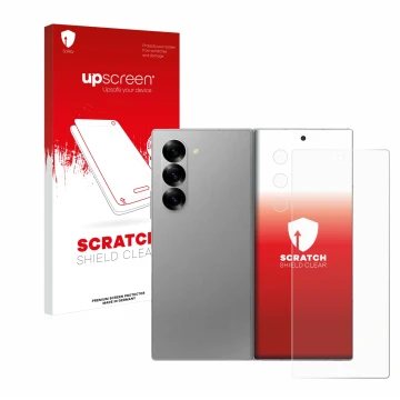 Front side of a product packaging with the brand logo upscreen. Next to it is the device Samsung Galaxy Z Fold 6 5G (Front+Cam