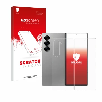 Front side of a product packaging with the brand logo upscreen. Next to it is the device Samsung Galaxy Z Fold 6 5G (Front+Bac