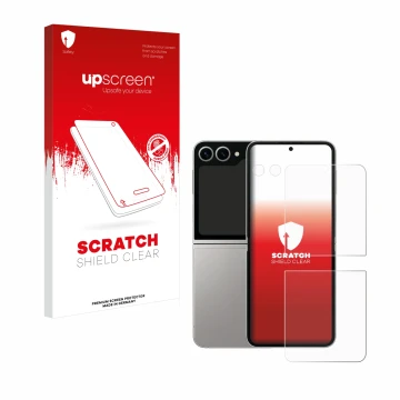Front side of a product packaging with the brand logo upscreen. Next to it is the device Samsung Galaxy Z Flip 6 (Front+Camera