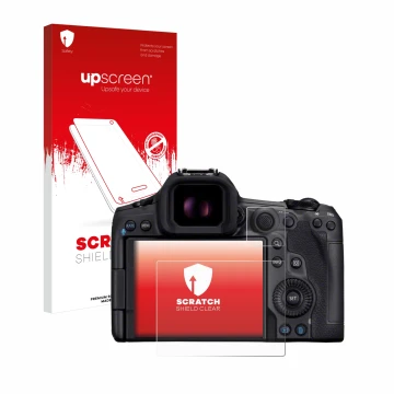 Front side of a product packaging with the brand logo upscreen. Next to it is the device Canon EOS R5 Mark II shown with the c
