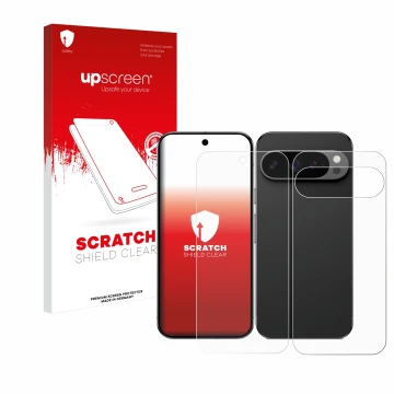 Front side of a product packaging with the brand logo upscreen. Next to it is the device Google Pixel 9 Pro (Front+Back) shown