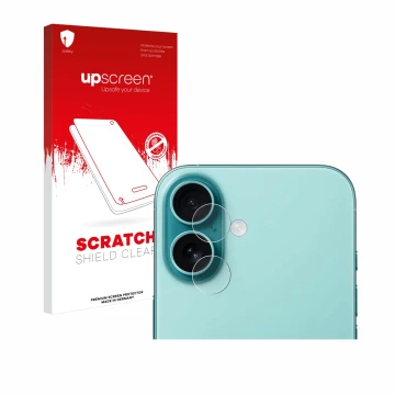 Front side of a product packaging with the brand logo upscreen. Next to it is the device Apple iPhone 16 (ONLY Camera Lens) sh