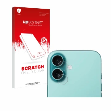 Front side of a product packaging with the brand logo upscreen. Next to it is the device Apple iPhone 16 Plus (ONLY Camera Len