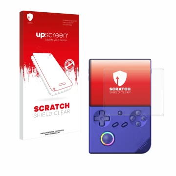 Front side of a product packaging with the brand logo upscreen. Next to it is the device Anbernic RG40XXV shown with the corre
