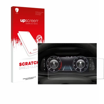 Front side of a product packaging with the brand logo upscreen. Next to it is the device Skoda Virtual Cockpit 10.25