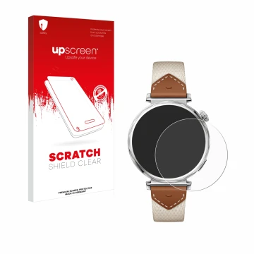 Front side of a product packaging with the brand logo upscreen. Next to it is the device Huawei Watch GT 5 (41 mm) shown with 