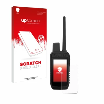 Front side of a product packaging with the brand logo upscreen. Next to it is the device Garmin Alpha 300 K shown with the cor