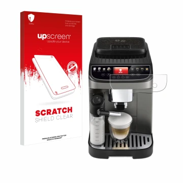 Front side of a product packaging with the brand logo upscreen. Next to it is the device DeLonghi Magnifica Evo Next shown wit