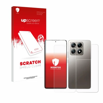 Front side of a product packaging with the brand logo upscreen. Next to it is the device Xiaomi 14T (Front+Back) shown with th