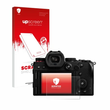 Front side of a product packaging with the brand logo upscreen. Next to it is the device Panasonic Lumix DC-S5D shown with the